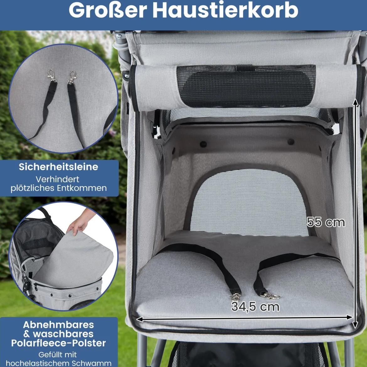 Faltbarer Haustierwagen leichter Katzen-Spazierwagen mit verstellbarem Sonnendach Grau