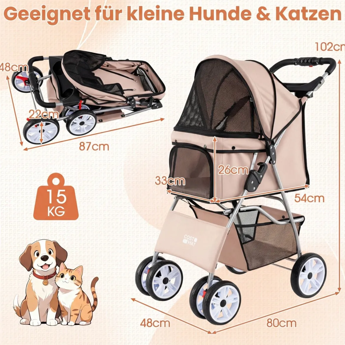 Faltbarer Haustierwagen mit atmungsaktivem Netz wasserfestem Bezug Geländereifen Beige