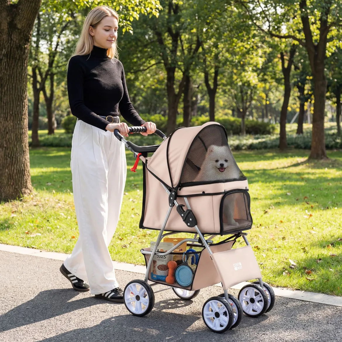 Faltbarer Haustierwagen mit atmungsaktivem Netz wasserfestem Bezug Geländereifen Beige