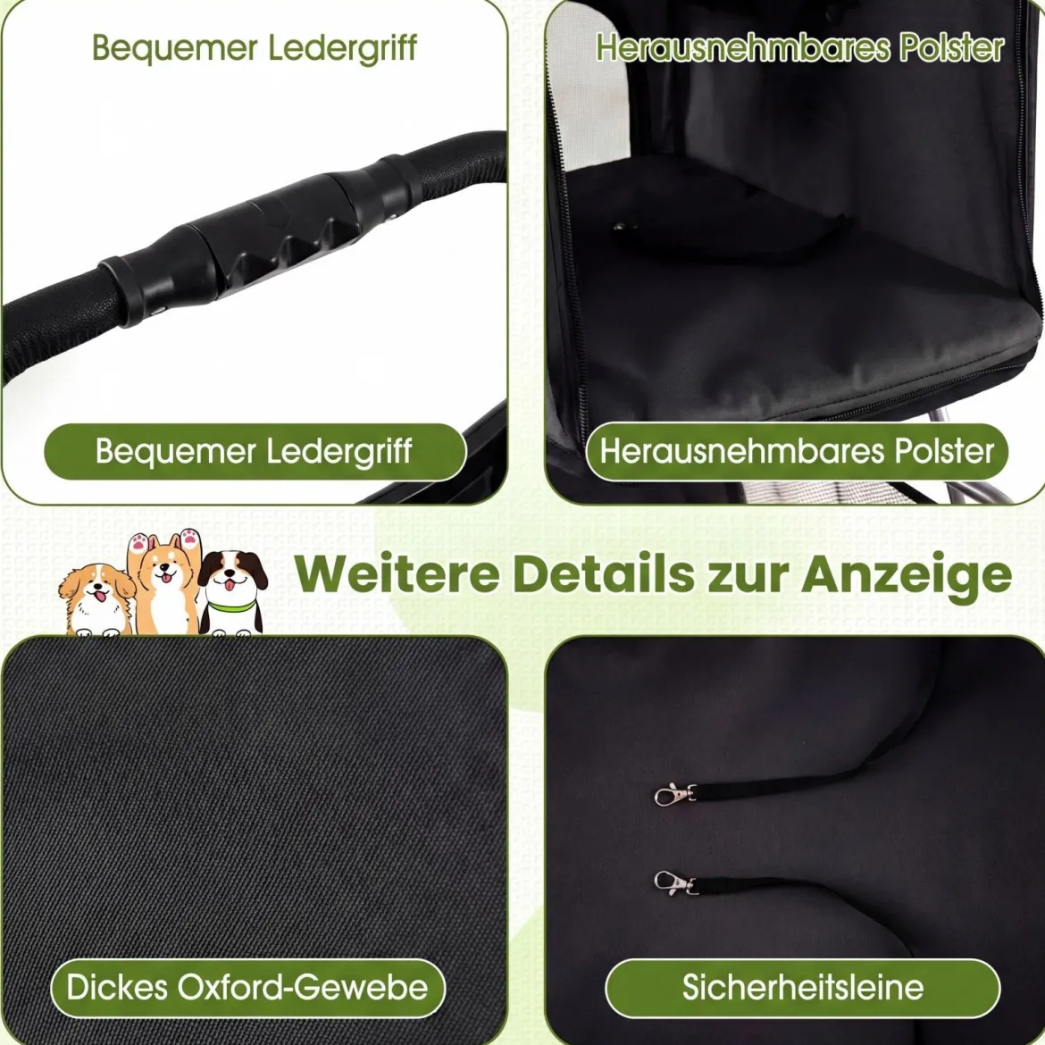 Faltbarer Haustierwagen mit atmungsaktivem Netz wasserfestem Bezug Geländereifen Schwarz