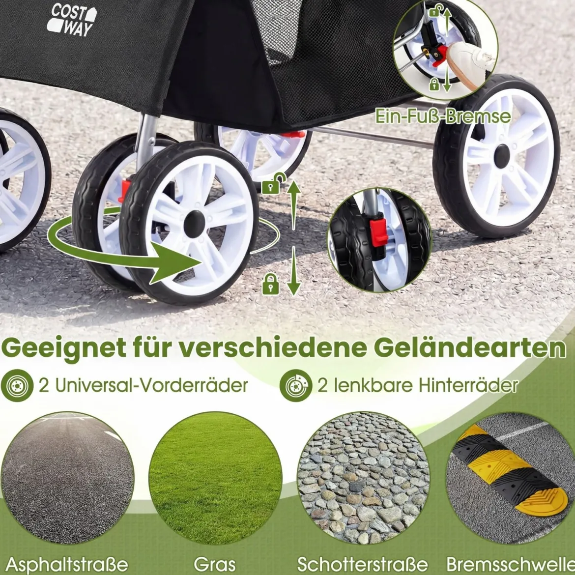 Faltbarer Haustierwagen mit atmungsaktivem Netz wasserfestem Bezug Geländereifen Schwarz