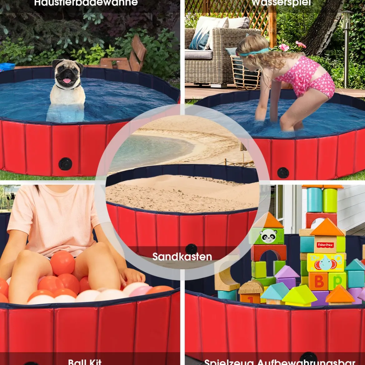 Faltbarer Hunde Swimmingpool Drinnen Draußen Auslaufsicherer Haustier Pool mit Drehbarem Ablassventil 140*30cm Rot