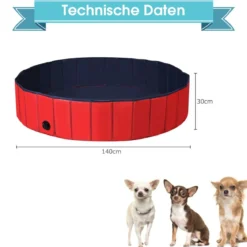 Faltbarer Hunde Swimmingpool Drinnen Draußen Auslaufsicherer Haustier Pool mit Drehbarem Ablassventil 140*30cm Rot