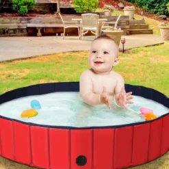 Faltbarer Hunde Swimmingpool Drinnen Draußen Auslaufsicherer Haustier Pool mit Drehbarem Ablassventil 140*30cm Rot