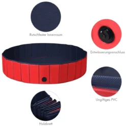 Faltbarer Hunde Swimmingpool Drinnen Draußen Auslaufsicherer Haustier Pool mit Drehbarem Ablassventil 140*30cm Rot