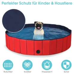 Faltbarer Hunde Swimmingpool Drinnen Draußen Auslaufsicherer Haustier Pool mit Drehbarem Ablassventil 140*30cm Rot