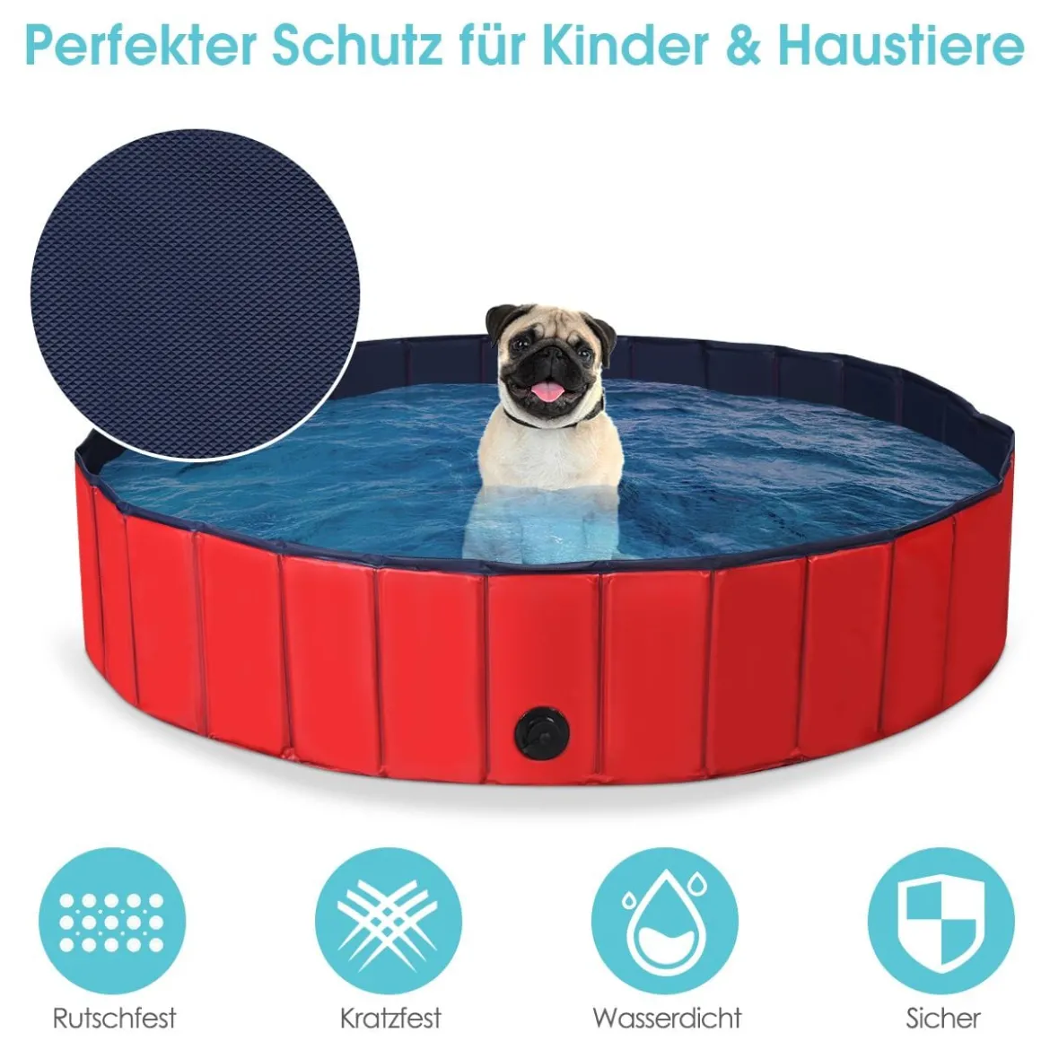 Faltbarer Hunde Swimmingpool Drinnen Draußen Auslaufsicherer Haustier Pool mit Drehbarem Ablassventil 140*30cm Rot