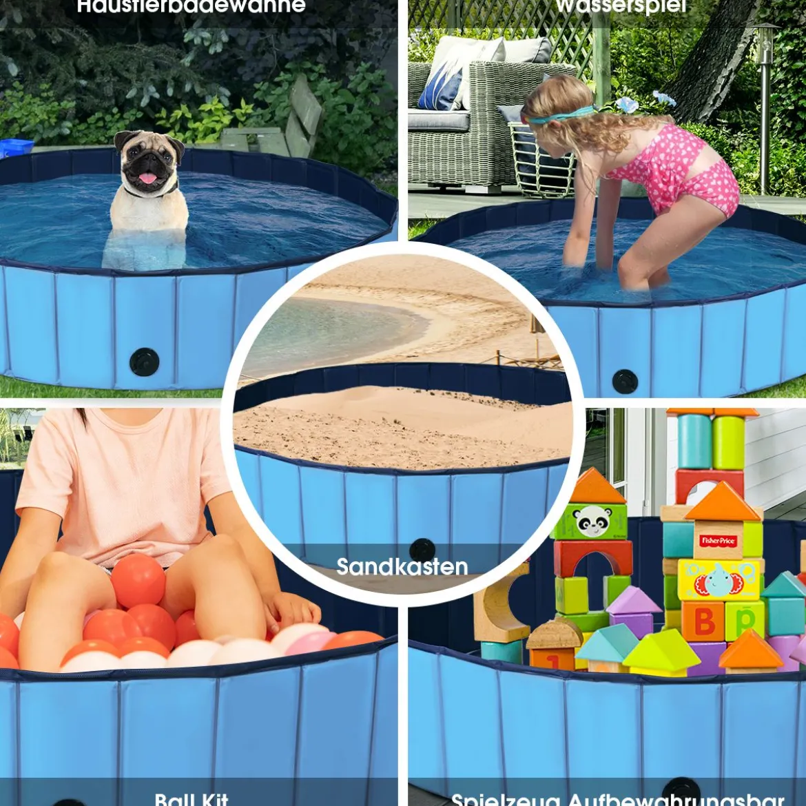 Faltbarer Hunde Swimmingpool Drinnen Draußen Auslaufsicherer Haustier Pool mit Drehbarem Ablassventil 140*30cm Blau