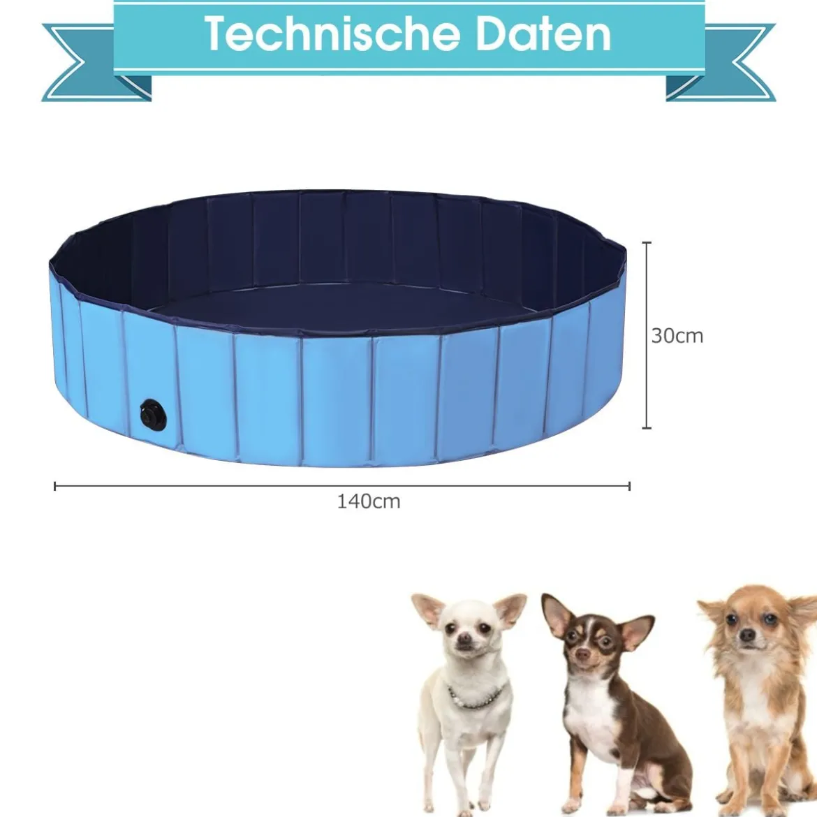 Faltbarer Hunde Swimmingpool Drinnen Draußen Auslaufsicherer Haustier Pool mit Drehbarem Ablassventil 140*30cm Blau
