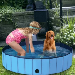 Faltbarer Hunde Swimmingpool Drinnen Draußen Auslaufsicherer Haustier Pool mit Drehbarem Ablassventil 140*30cm Blau