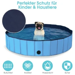 Faltbarer Hunde Swimmingpool Drinnen Draußen Auslaufsicherer Haustier Pool mit Drehbarem Ablassventil 140*30cm Blau