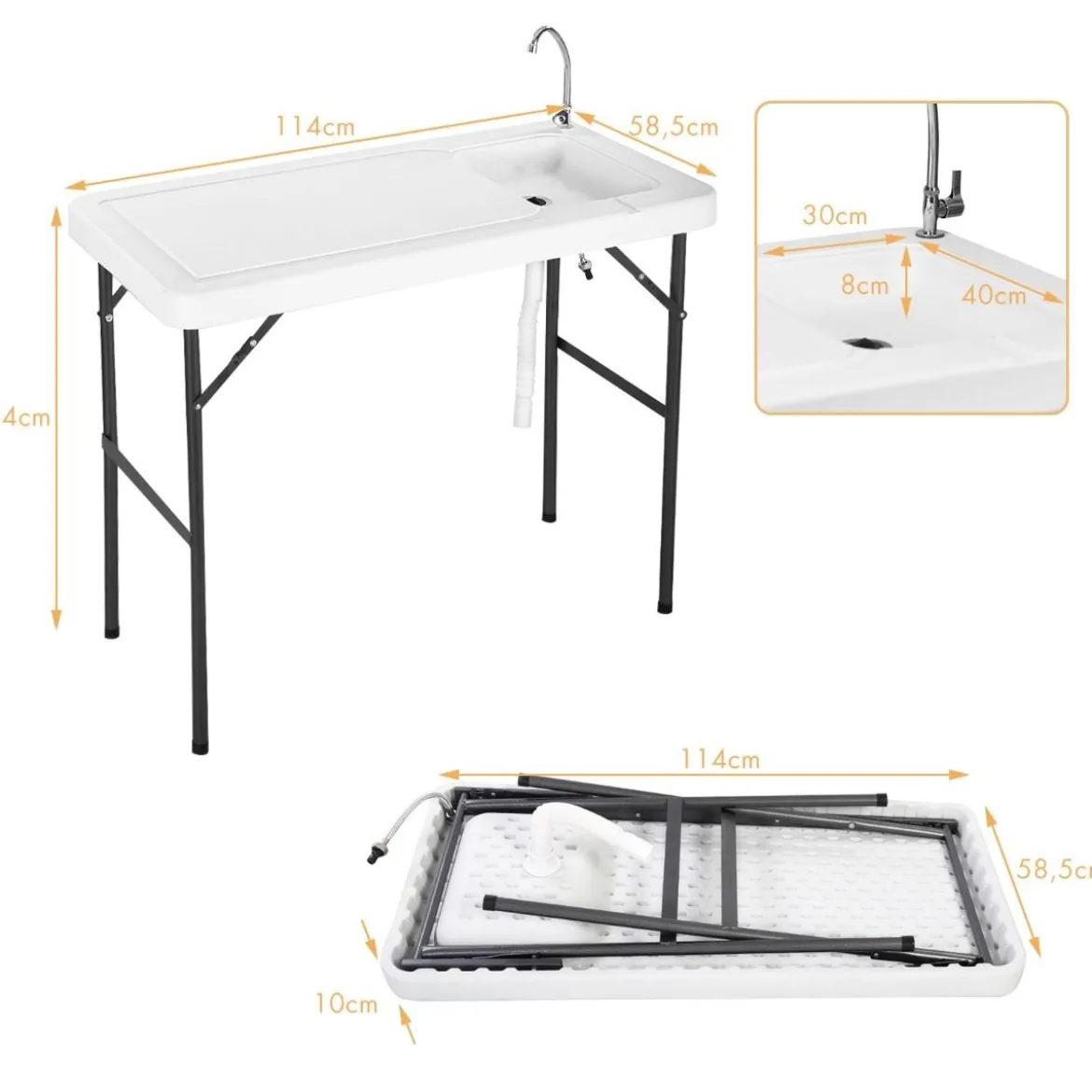 Faltbarer Jagd-Reinigungs-Schneidetisch mit Schnellanschluss-Stahlhahn 114,5 x 59 x 94 cm
