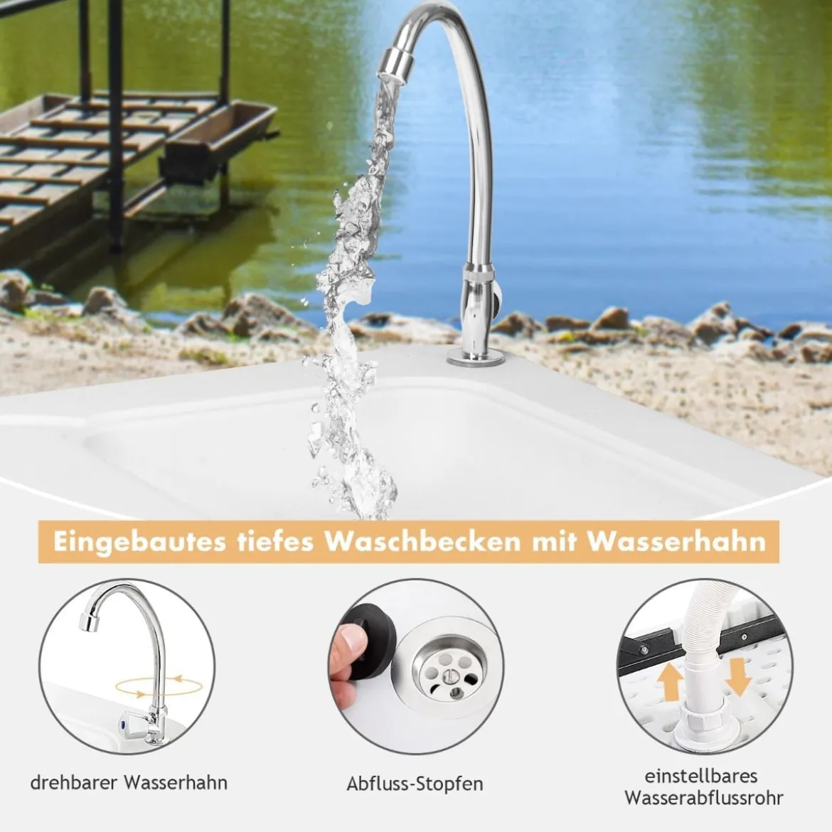 Faltbarer Jagd-Reinigungs-Schneidetisch mit Schnellanschluss-Stahlhahn 114,5 x 59 x 94 cm
