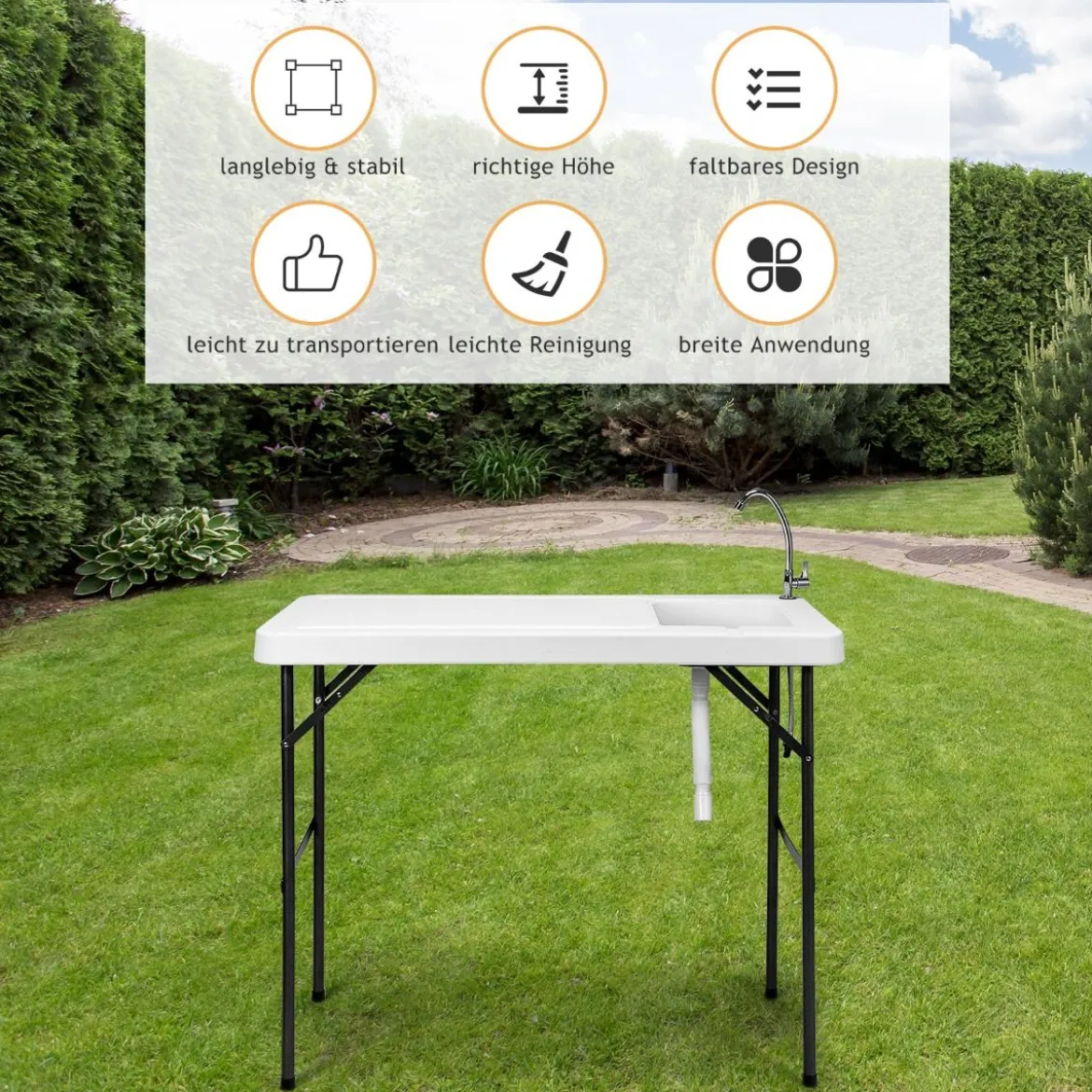 Faltbarer Jagd-Reinigungs-Schneidetisch mit Schnellanschluss-Stahlhahn 114,5 x 59 x 94 cm