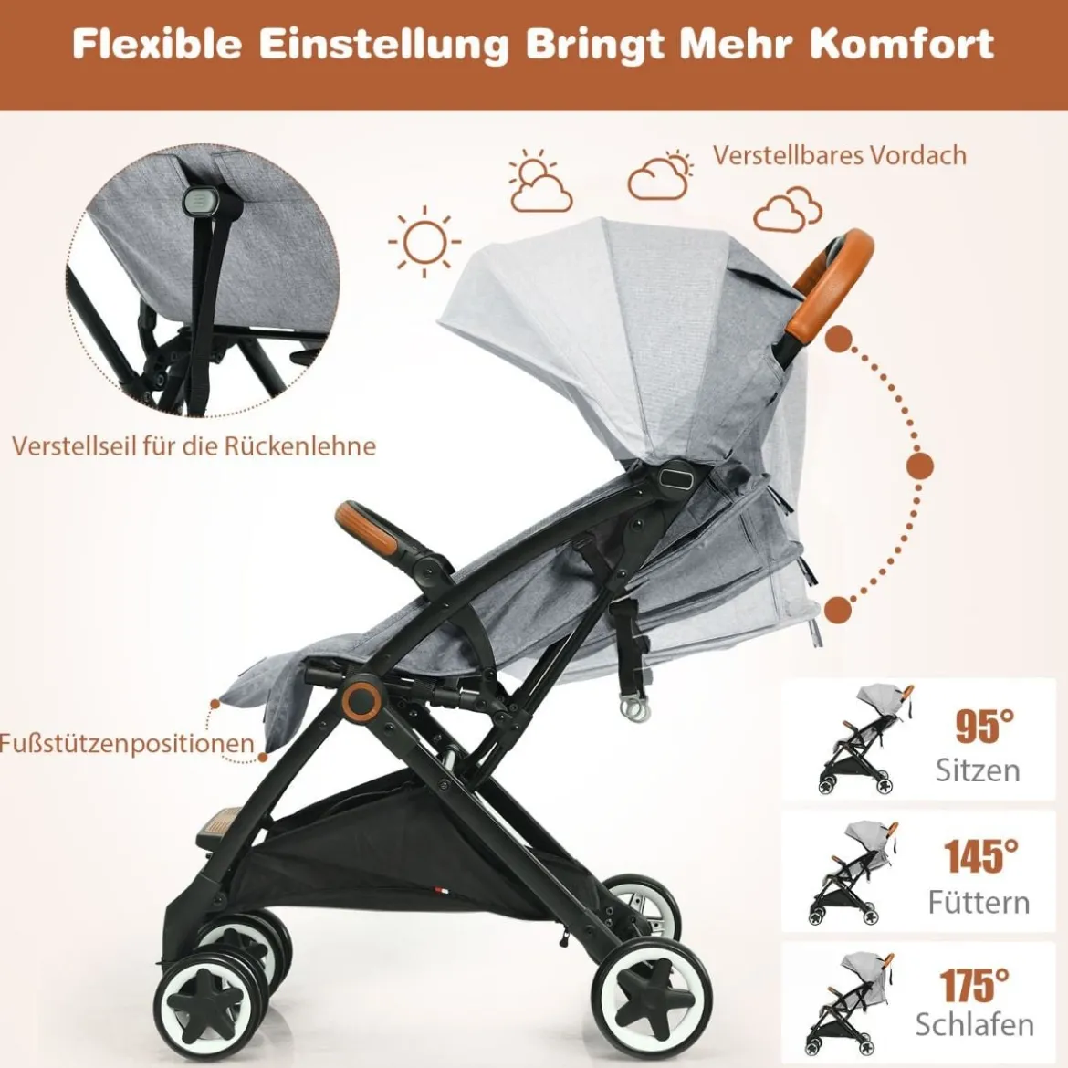 Faltbarer Kinderwagen mit Verstellbare Rückenlehne & Fußstütze & Verdeck