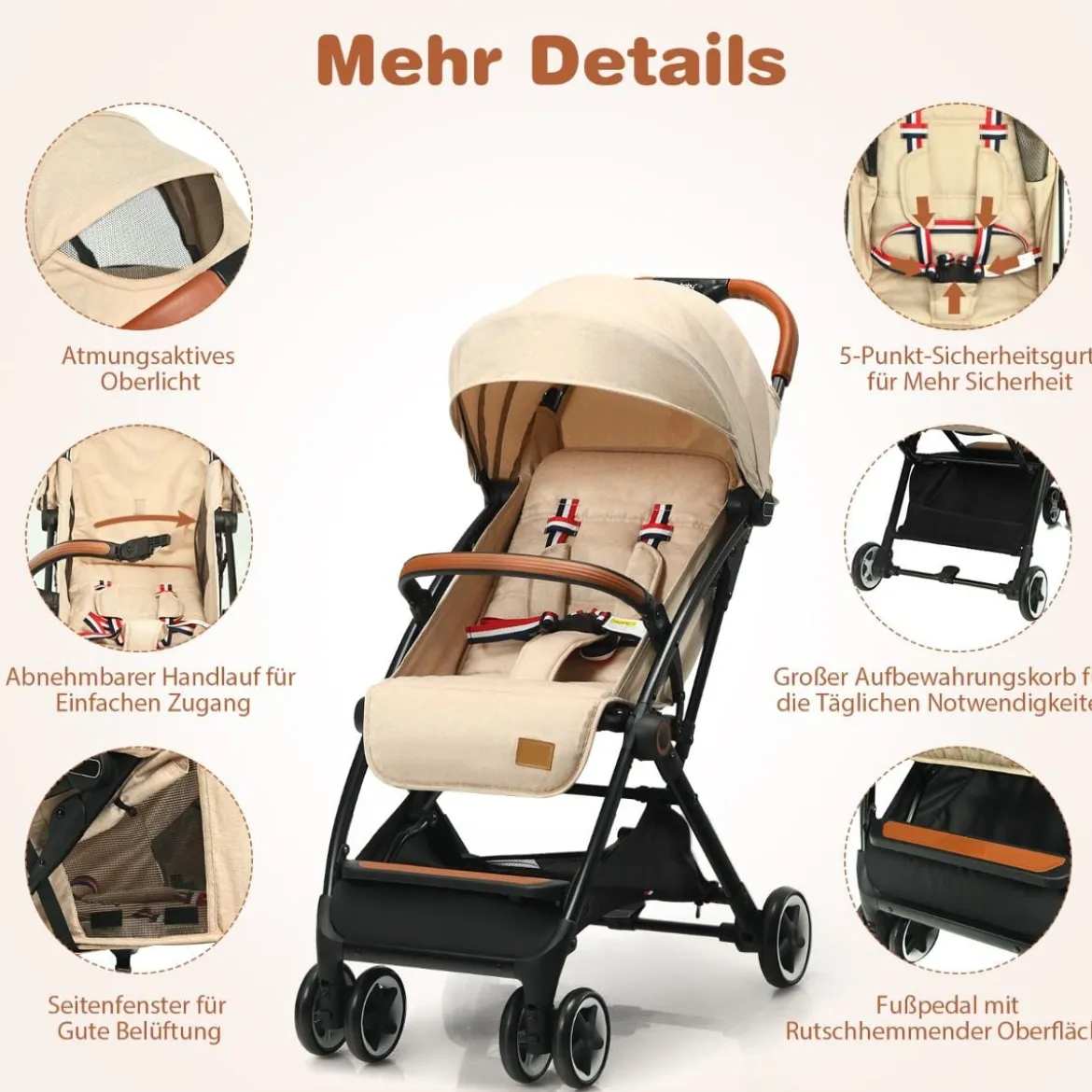 Faltbarer Kinderwagen mit Verstellbare Rückenlehne & Fußstütze & Verdeck