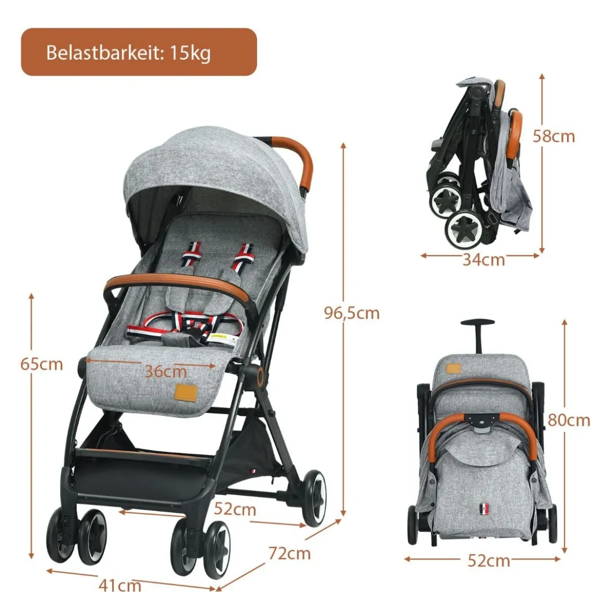 Faltbarer Kinderwagen mit Verstellbare Rückenlehne & Fußstütze & Verdeck