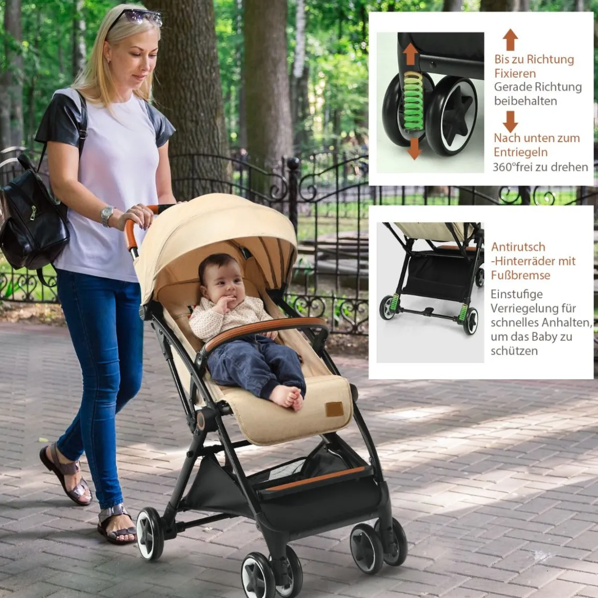 Faltbarer Kinderwagen mit Verstellbare Rückenlehne & Fußstütze & Verdeck