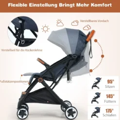 Faltbarer Kinderwagen mit Verstellbare Rückenlehne & Fußstütze & Verdeck