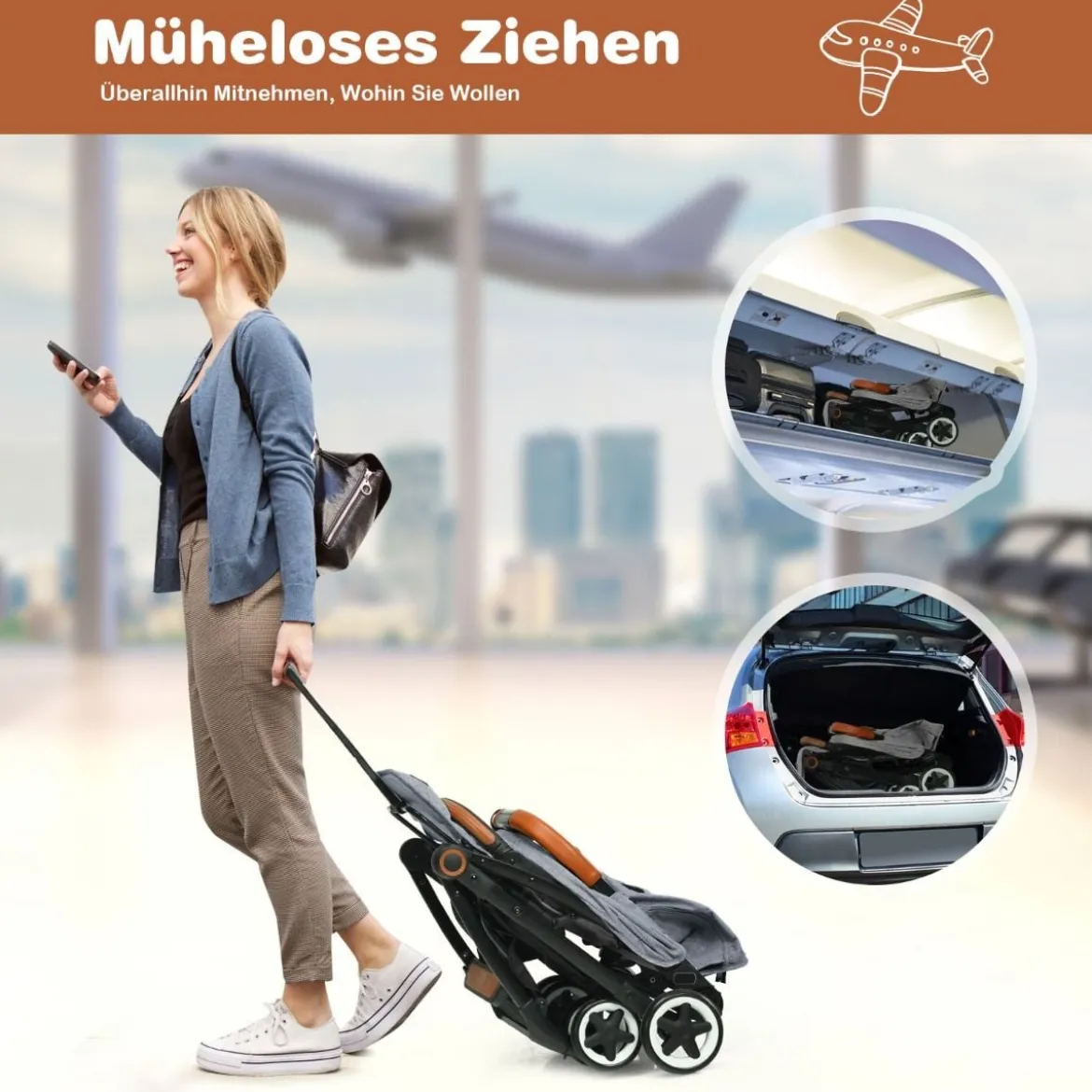 Faltbarer Kinderwagen mit Verstellbare Rückenlehne & Fußstütze & Verdeck
