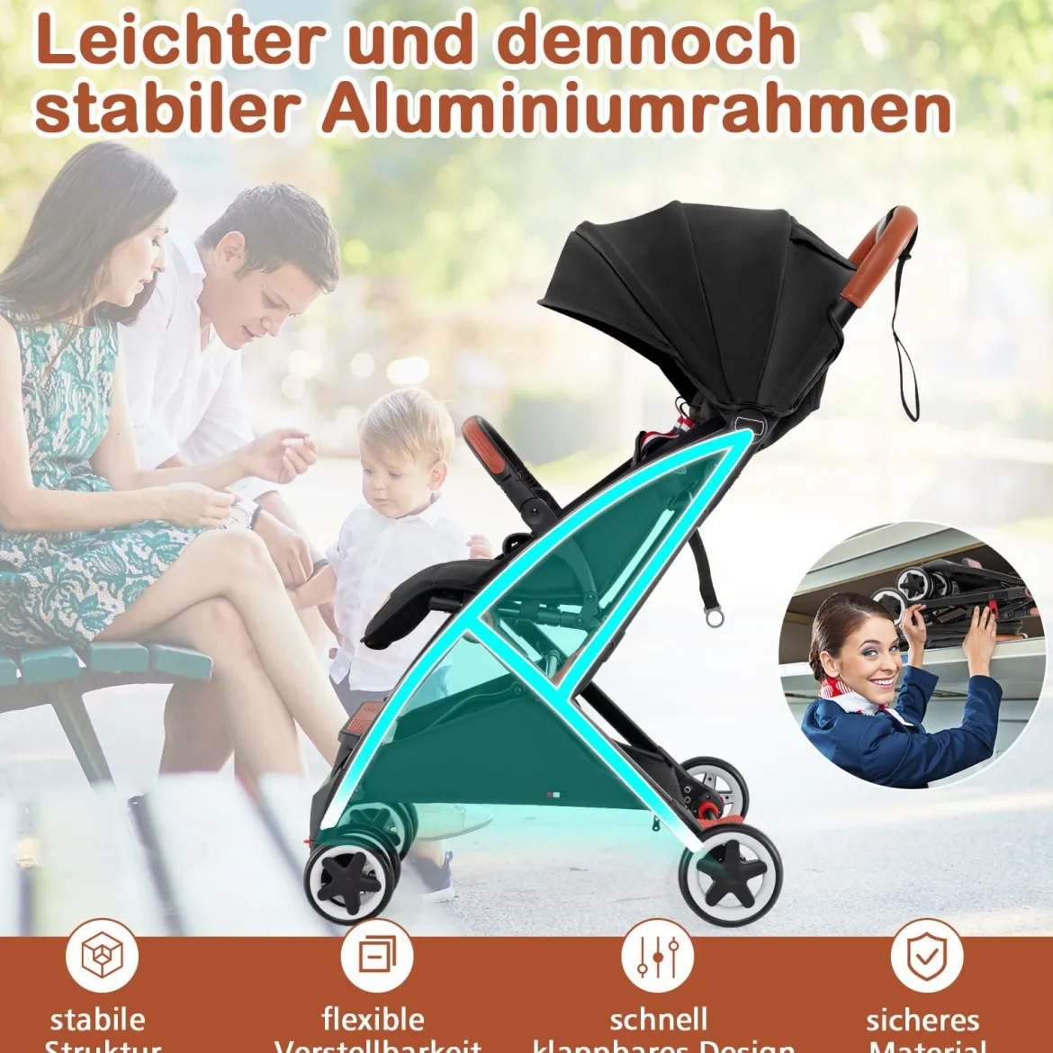 Faltbarer Kinderwagen mit Verstellbare Rückenlehne & Fußstütze & Verdeck