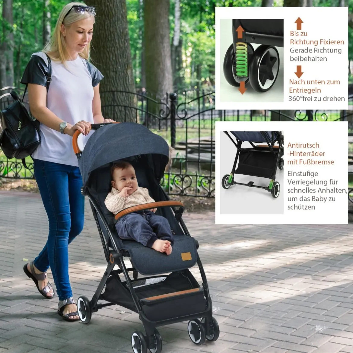 Faltbarer Kinderwagen mit Verstellbare Rückenlehne & Fußstütze & Verdeck