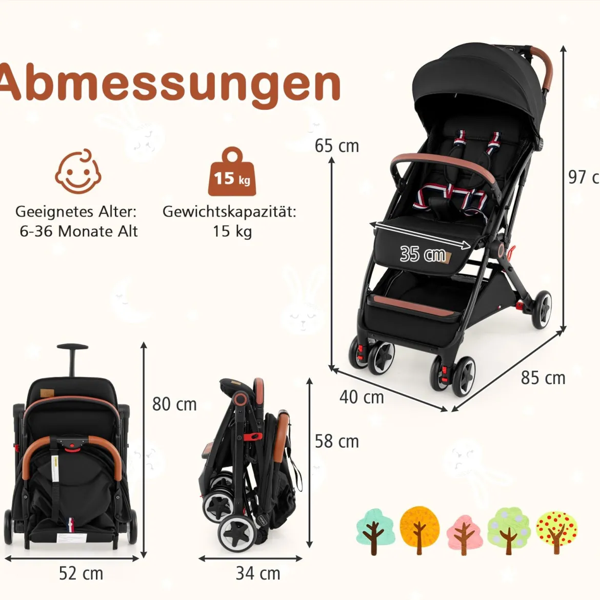 Faltbarer Kinderwagen mit Verstellbare Rückenlehne & Fußstütze & Verdeck