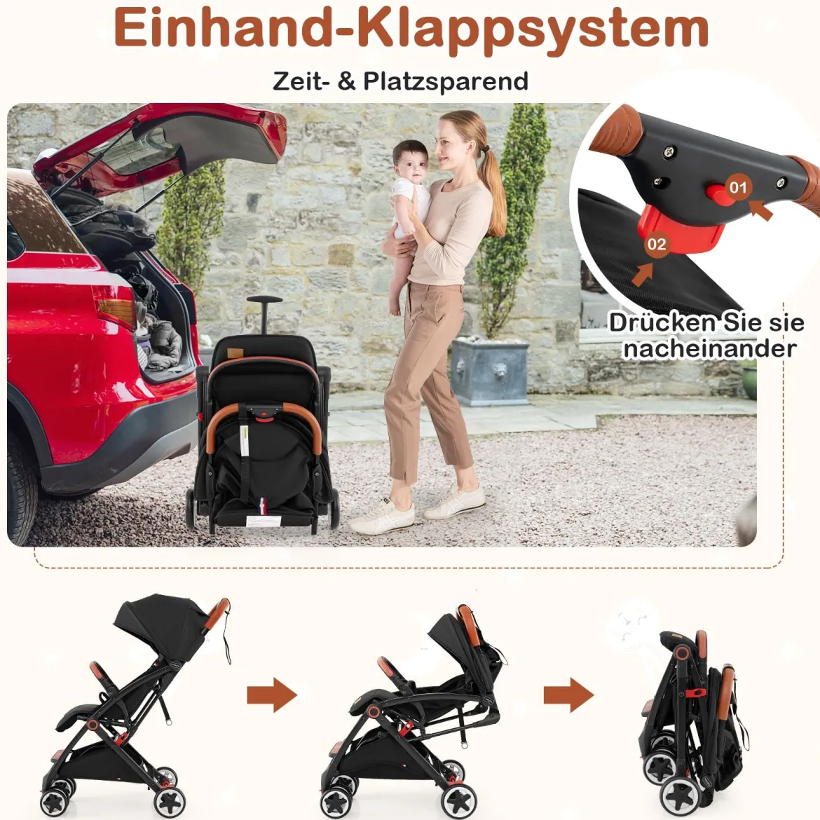 Faltbarer Kinderwagen mit Verstellbare Rückenlehne & Fußstütze & Verdeck