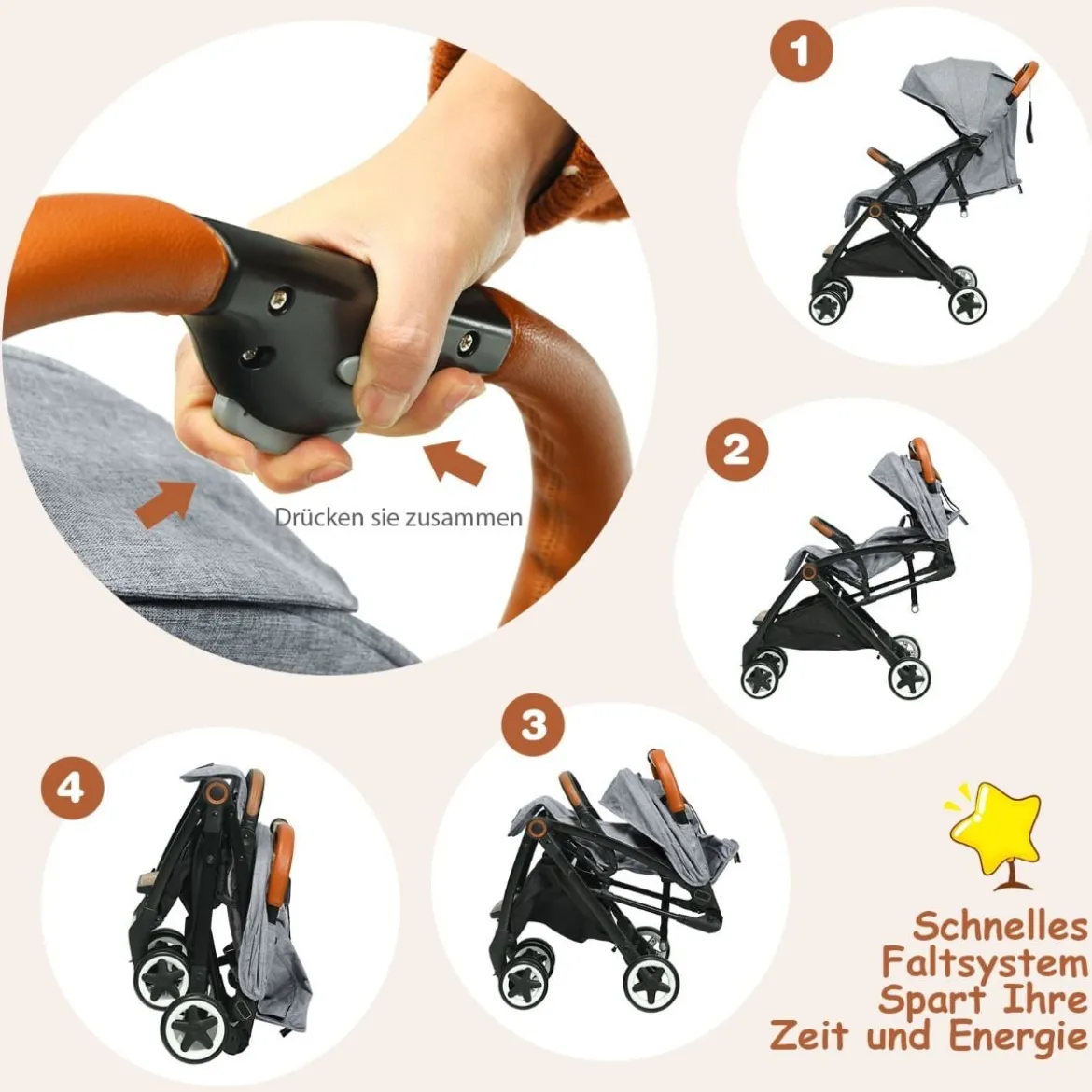 Faltbarer Kinderwagen mit Verstellbare Rückenlehne & Fußstütze & Verdeck
