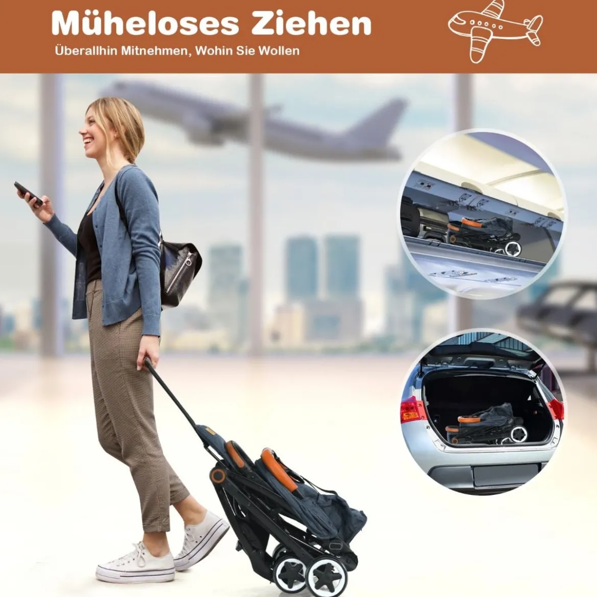 Faltbarer Kinderwagen mit Verstellbare Rückenlehne & Fußstütze & Verdeck