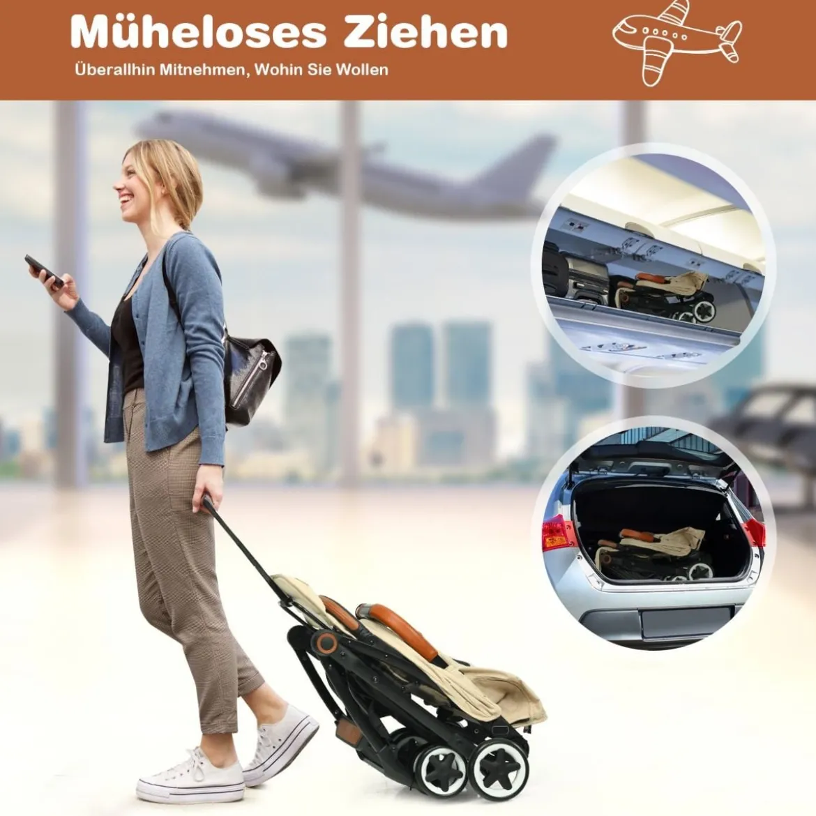 Faltbarer Kinderwagen mit Verstellbare Rückenlehne & Fußstütze & Verdeck
