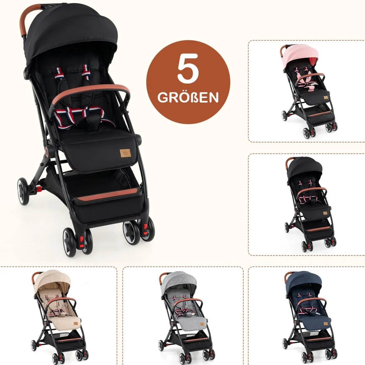 Faltbarer Kinderwagen mit Verstellbare Rückenlehne & Fußstütze & Verdeck