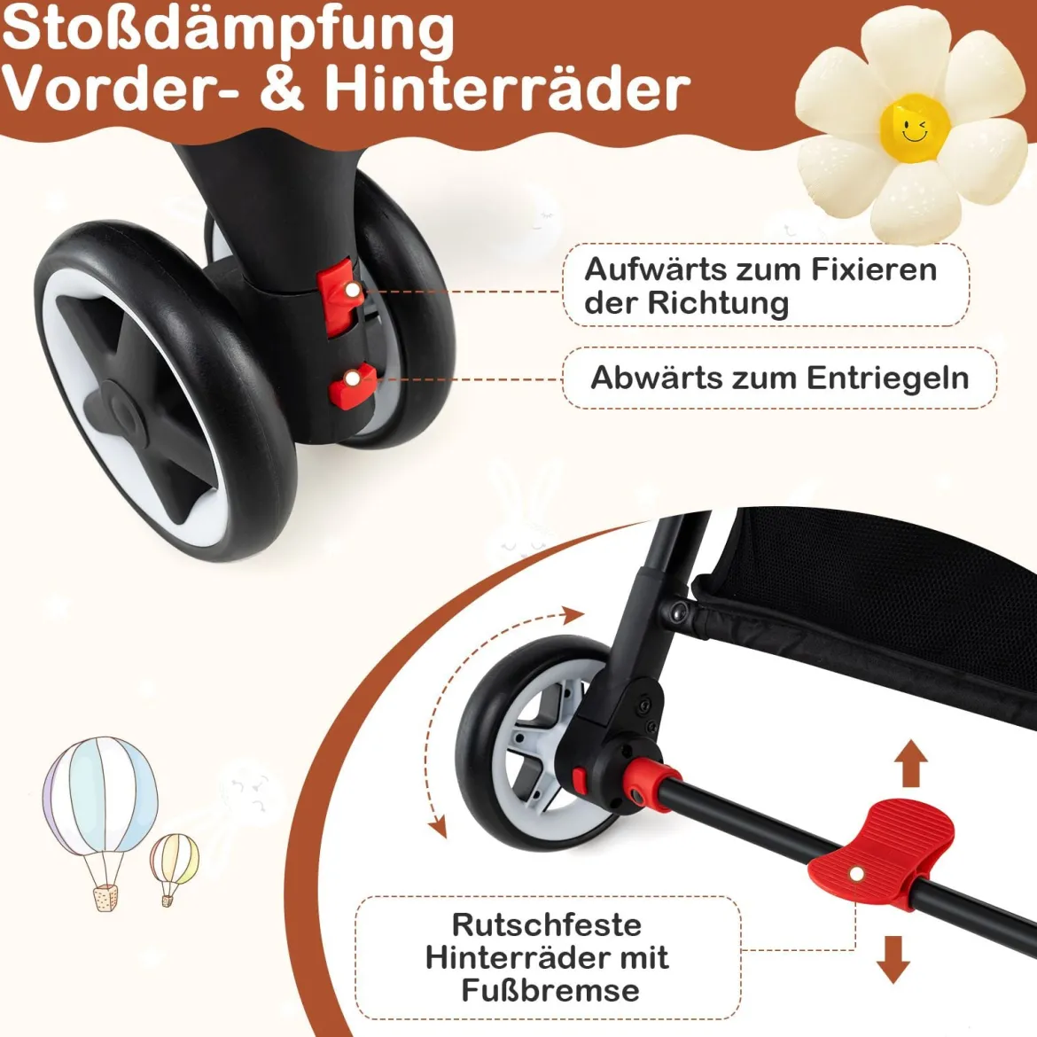 Faltbarer Kinderwagen mit Verstellbare Rückenlehne & Fußstütze & Verdeck