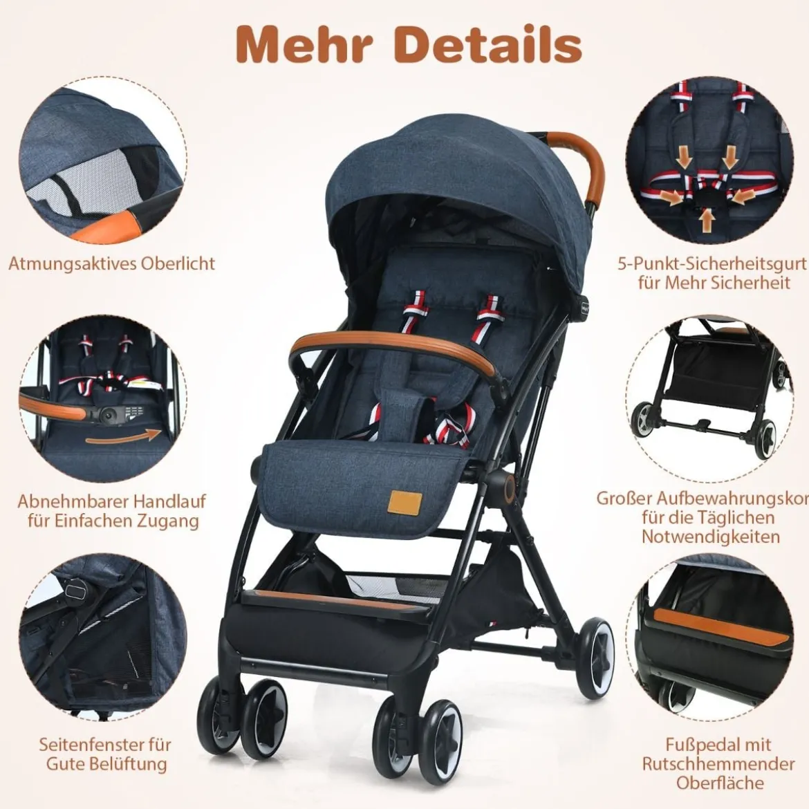 Faltbarer Kinderwagen mit Verstellbare Rückenlehne & Fußstütze & Verdeck