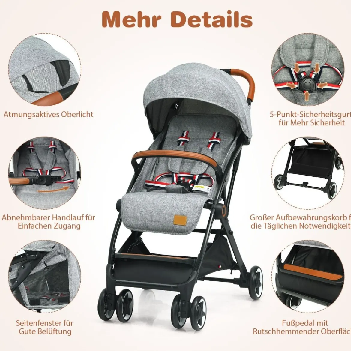 Faltbarer Kinderwagen mit Verstellbare Rückenlehne & Fußstütze & Verdeck