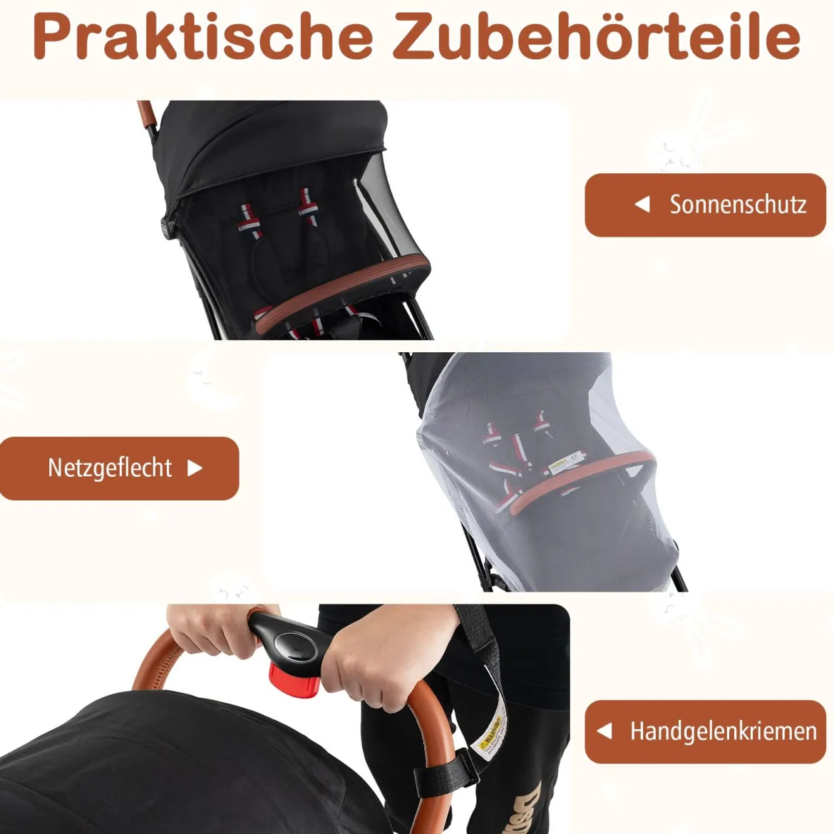 Faltbarer Kinderwagen mit Verstellbare Rückenlehne & Fußstütze & Verdeck