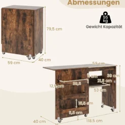 Faltbarer Nähtisch Rollende Bastelstation mit Ablagefach 3 versteckte Behälter Mobiler Nähtisch 118,5 x 40 x 79,5 cm Braun