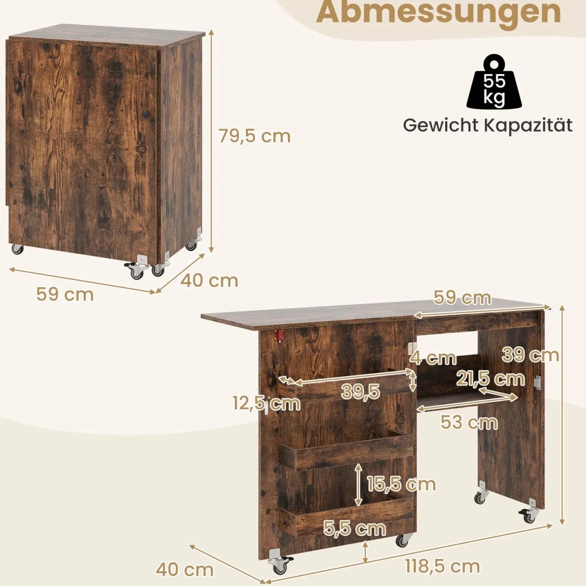Faltbarer Nähtisch Rollende Bastelstation mit Ablagefach 3 versteckte Behälter Mobiler Nähtisch 118,5 x 40 x 79,5 cm Braun