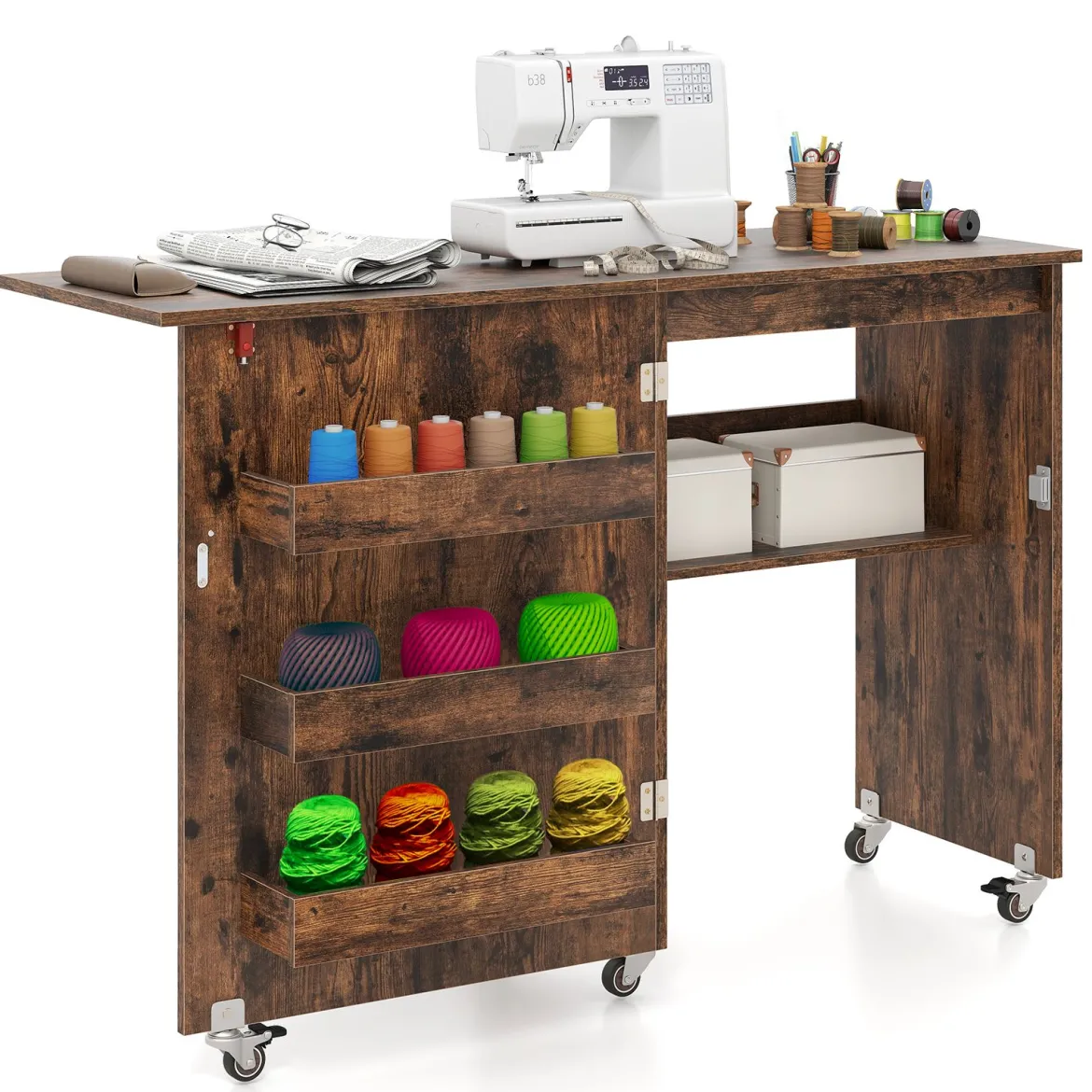 Faltbarer Nähtisch Rollende Bastelstation mit Ablagefach 3 versteckte Behälter Mobiler Nähtisch 118,5 x 40 x 79,5 cm Braun