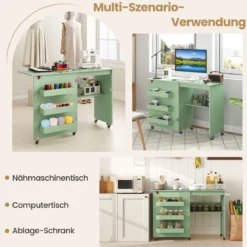 Faltbarer Nähtisch Rollende Bastelstation mit Ablagefach 3 versteckte Behälter Mobiler Nähtisch 118,5 x 40 x 79,5 cm Grün