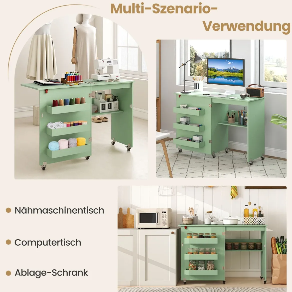 Faltbarer Nähtisch Rollende Bastelstation mit Ablagefach 3 versteckte Behälter Mobiler Nähtisch 118,5 x 40 x 79,5 cm Grün