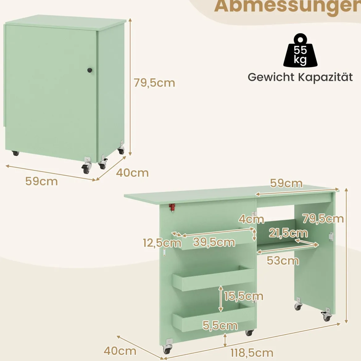 Faltbarer Nähtisch Rollende Bastelstation mit Ablagefach 3 versteckte Behälter Mobiler Nähtisch 118,5 x 40 x 79,5 cm Grün