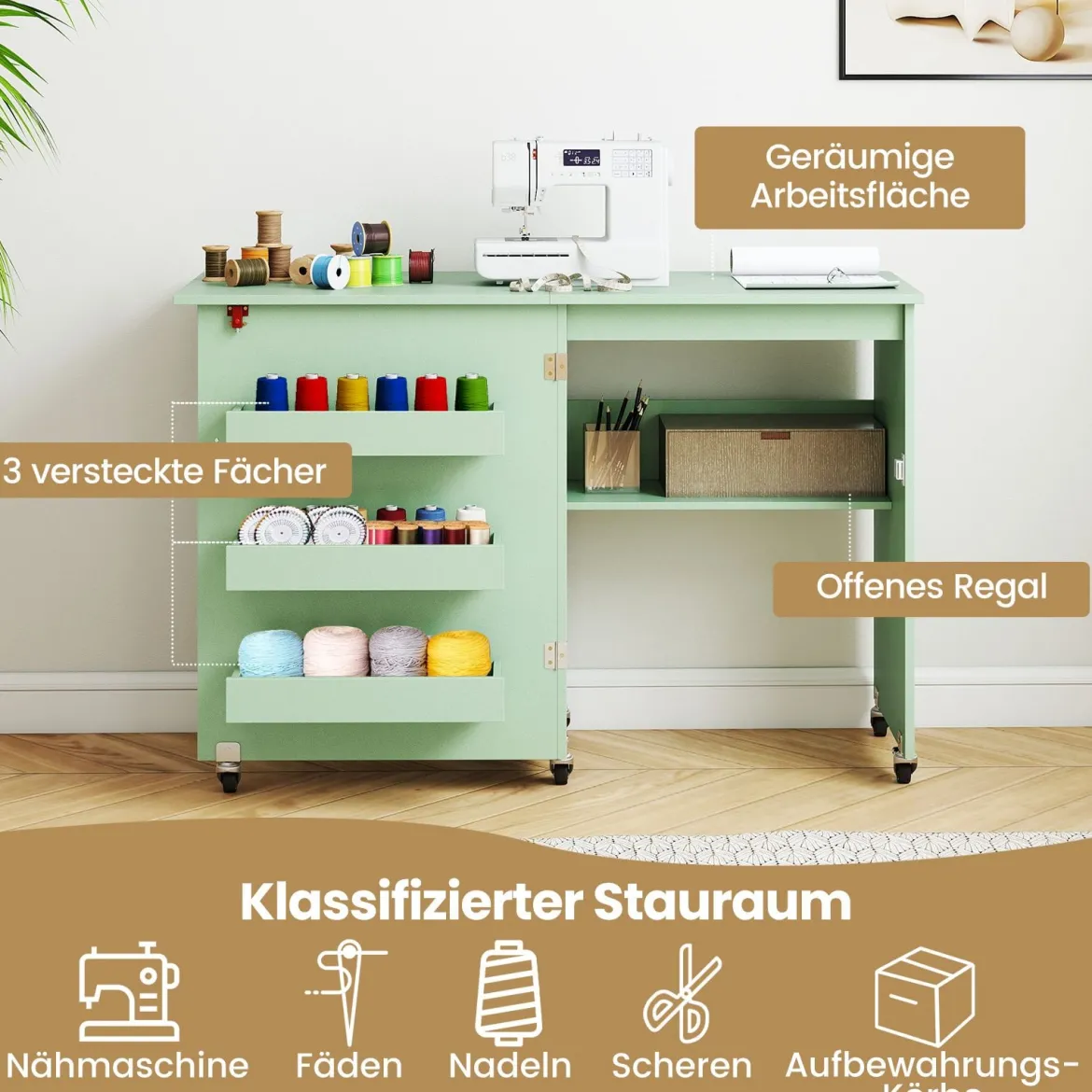 Faltbarer Nähtisch Rollende Bastelstation mit Ablagefach 3 versteckte Behälter Mobiler Nähtisch 118,5 x 40 x 79,5 cm Grün