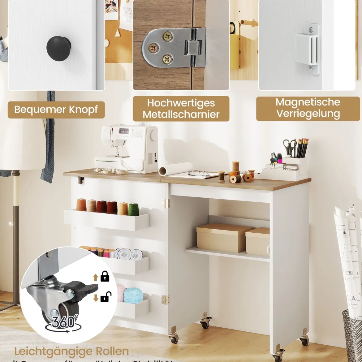 Faltbarer Nähtisch Rollende Bastelstation mit Ablagefach 3 versteckte Behälter Mobiler Nähtisch Weiß 118,5 x 40 x 79,5 cm