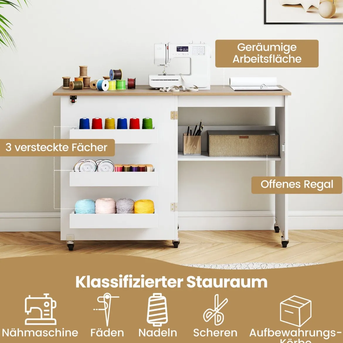 Faltbarer Nähtisch Rollende Bastelstation mit Ablagefach 3 versteckte Behälter Mobiler Nähtisch Weiß 118,5 x 40 x 79,5 cm