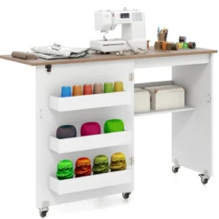 Faltbarer Nähtisch Rollende Bastelstation mit Ablagefach 3 versteckte Behälter Mobiler Nähtisch Weiß 118,5 x 40 x 79,5 cm