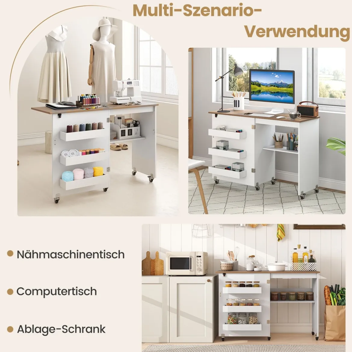 Faltbarer Nähtisch Rollende Bastelstation mit Ablagefach 3 versteckte Behälter Mobiler Nähtisch Weiß 118,5 x 40 x 79,5 cm
