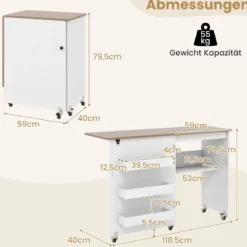 Faltbarer Nähtisch Rollende Bastelstation mit Ablagefach 3 versteckte Behälter Mobiler Nähtisch Weiß 118,5 x 40 x 79,5 cm
