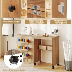 Faltbarer Nähtisch Rollende Bastelstation mit Ablagefach 3 versteckte Behälter Mobiler Nähtisch 118,5 x 40 x 79,5 cm Natur