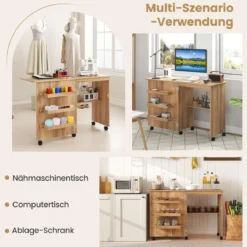 Faltbarer Nähtisch Rollende Bastelstation mit Ablagefach 3 versteckte Behälter Mobiler Nähtisch 118,5 x 40 x 79,5 cm Natur